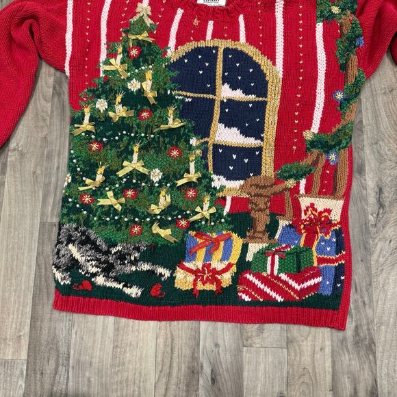 Vintage 3D knit ugly Christmas intarsia sweater with cat - Picture 5 of 5